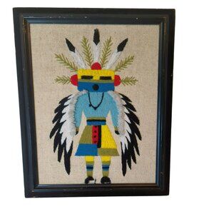 Vintage Kachina Doll Eagle Crewel Embroidery Wall Art Handcrafted Framed